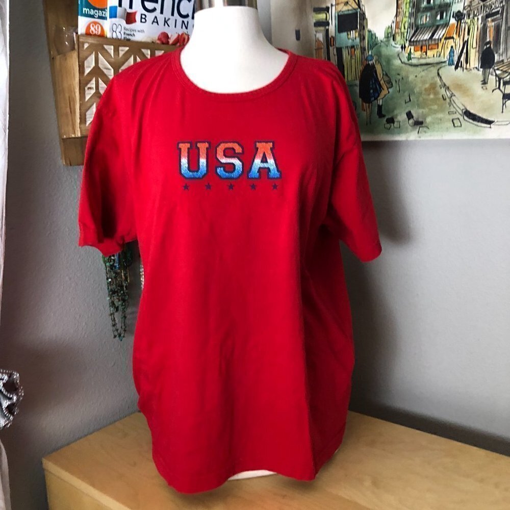 Vintage USA Stars & Stripes Red White Blue Ombre Graphic T Shirt size XL Preppy